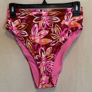 AA-395 Aerie NWT High Cut Cheeky Pink & Brown Floral Bikini Bottoms Size L
